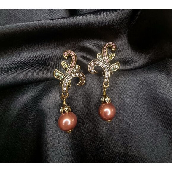 Heidi Daus Bronze Tone Colorful Crystals Wine Maroon Color Dangle Earrings
